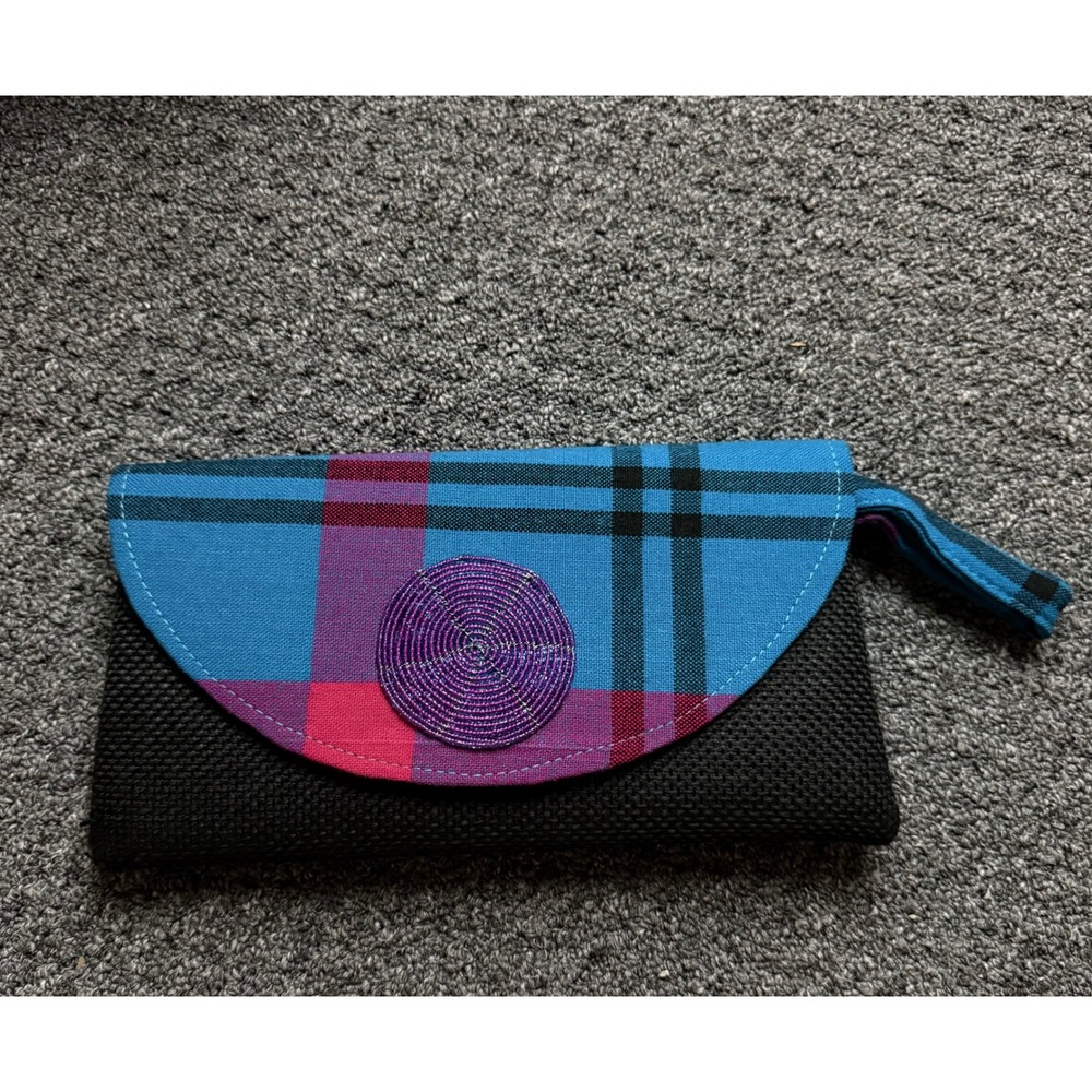 Handmade Plaid Wristlet Clutch Bag Blue Pink Woven Black Beaded Spiral Accent